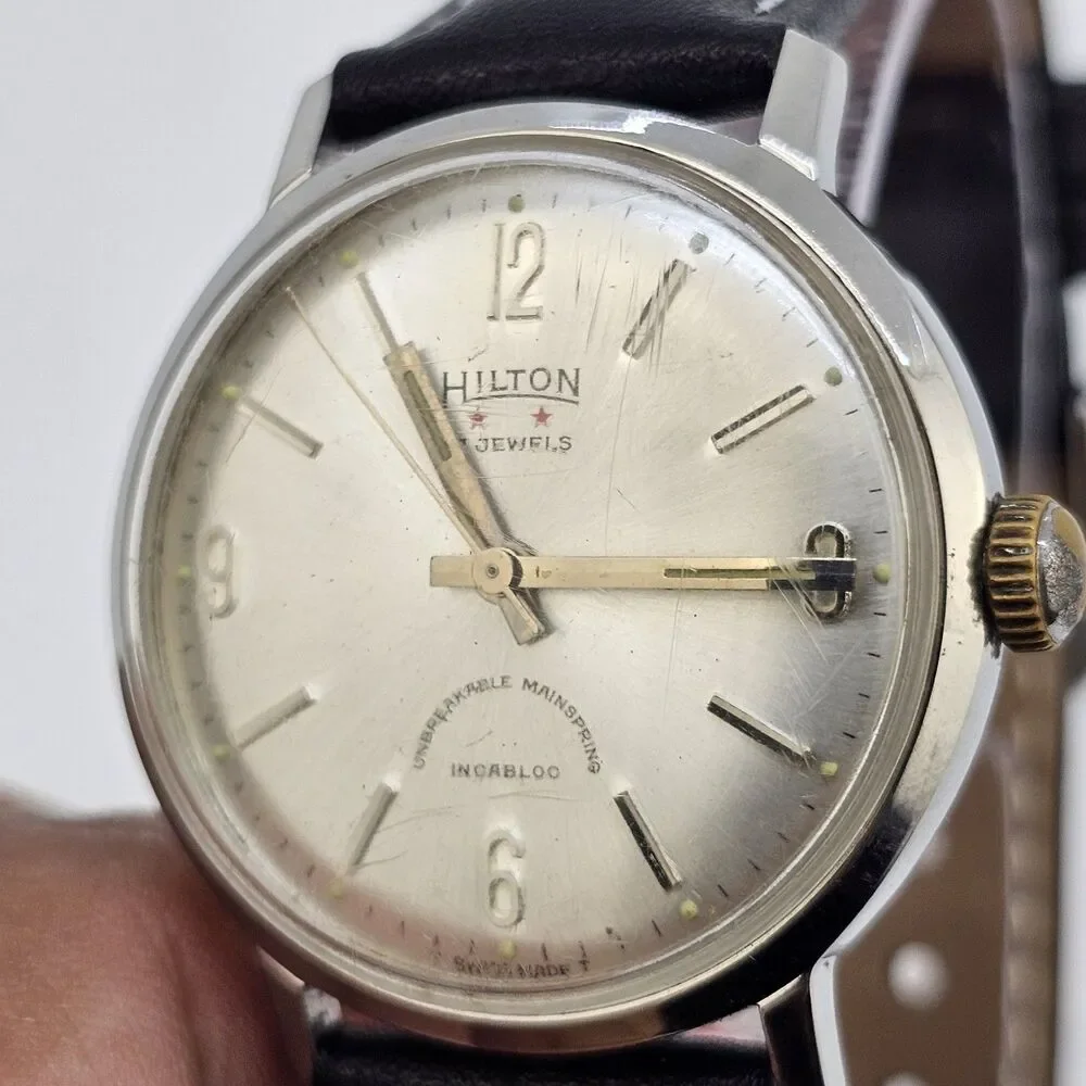 VTG Hilton Automatic Men's Watch 34MM‎ Gray Dial Swiss New Black Leather Bands - Picture 8 of 16